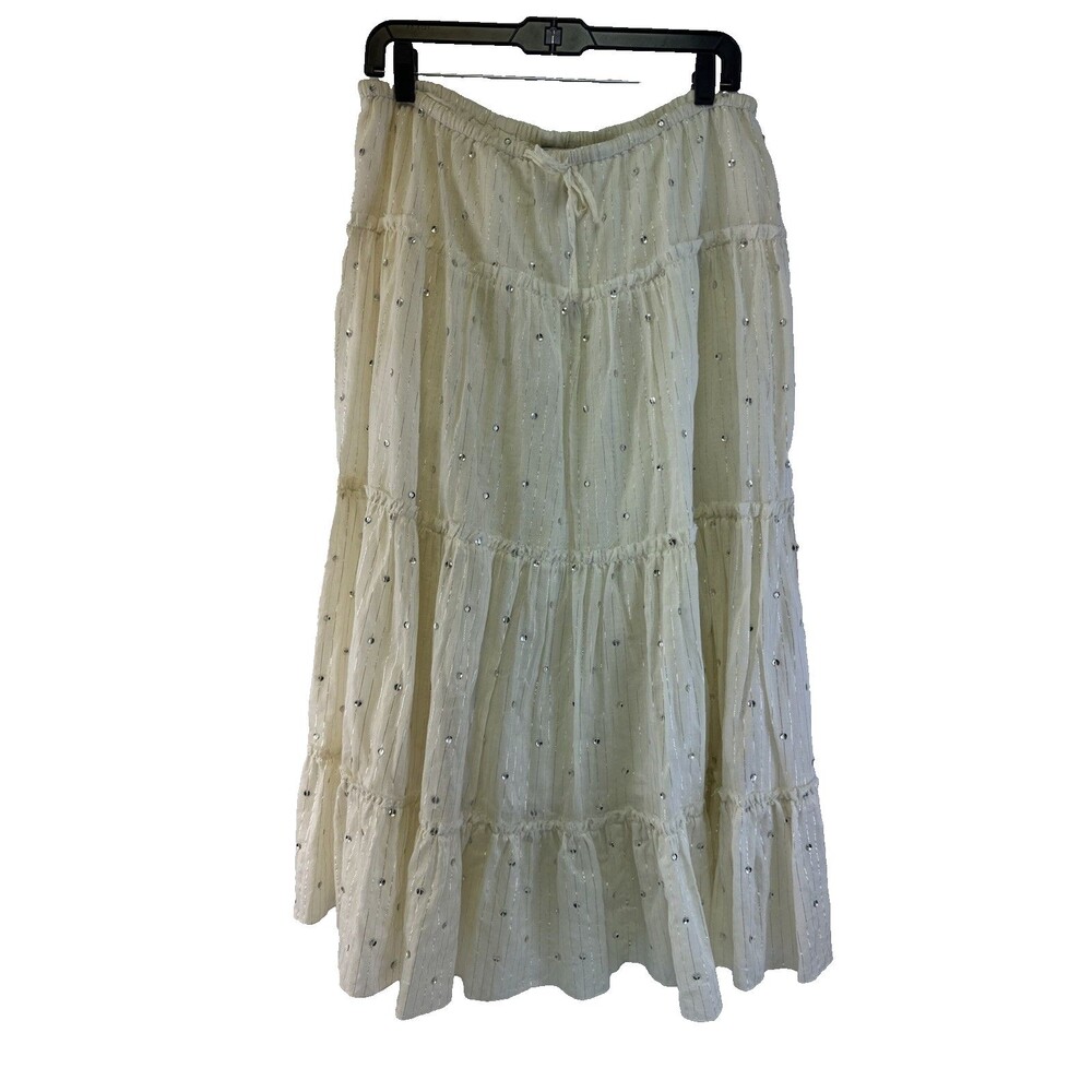 J Jill Tiered Maxi Skirt Sequins Ivory Drawstring Whimsey Cottage Fairy Petite M